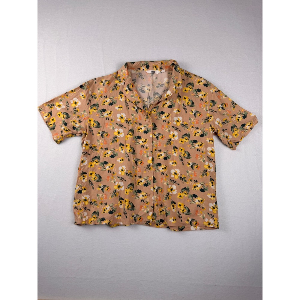 Uniqlo Floral Rayon Short Sleeve Button Down Shirt Tan Yellow Women Small